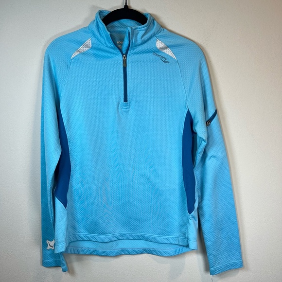 Saucony Womens Athletic 1/4 Zip Pullover Shirt Top Blue Running Reflective Small - Picture 1 of 15
